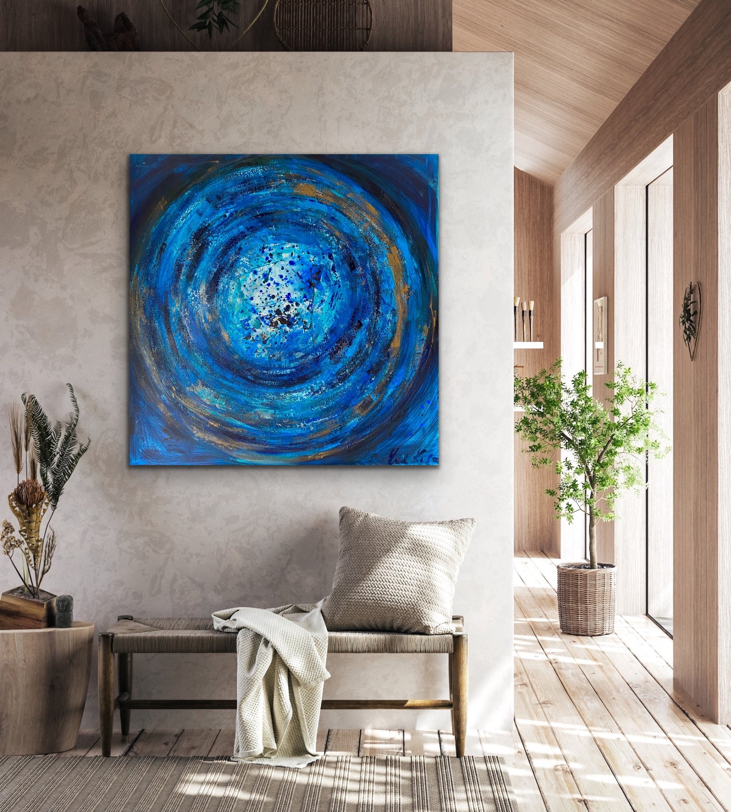 Błękitne przestrzenie, z cyklu „W ruchu” 100x100cm, 2022