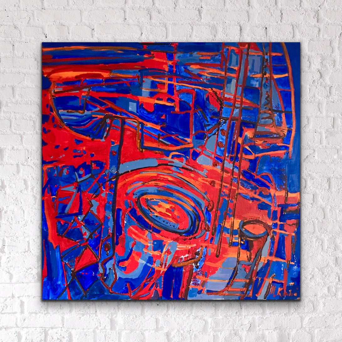 Czerwony i błękitny, z cyklu "Instrumenty" 80 x 80 cm, 2020