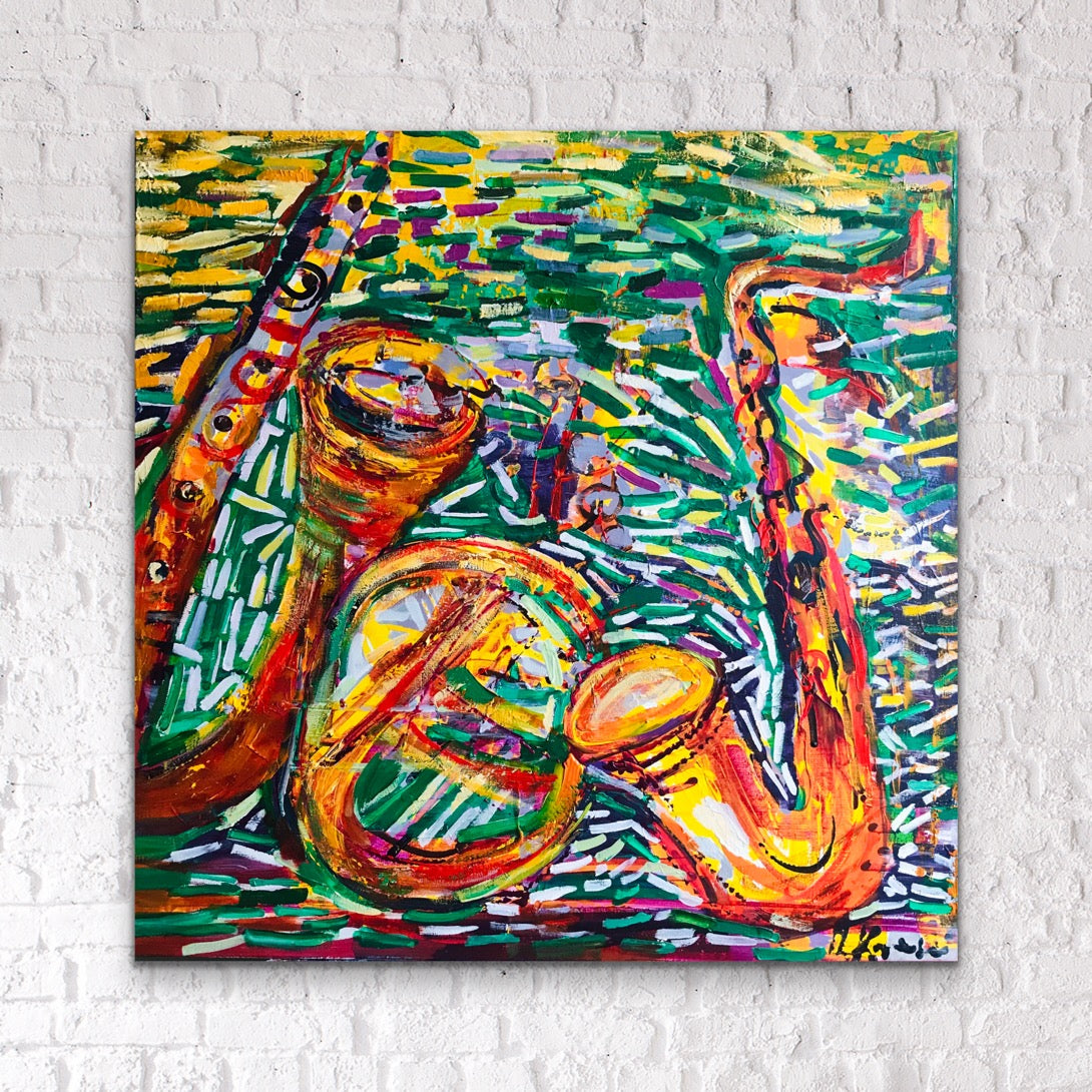 Saksofony, z cyklu „Instrumenty” akryl na płótnie, 80 x 80 cm, 2021