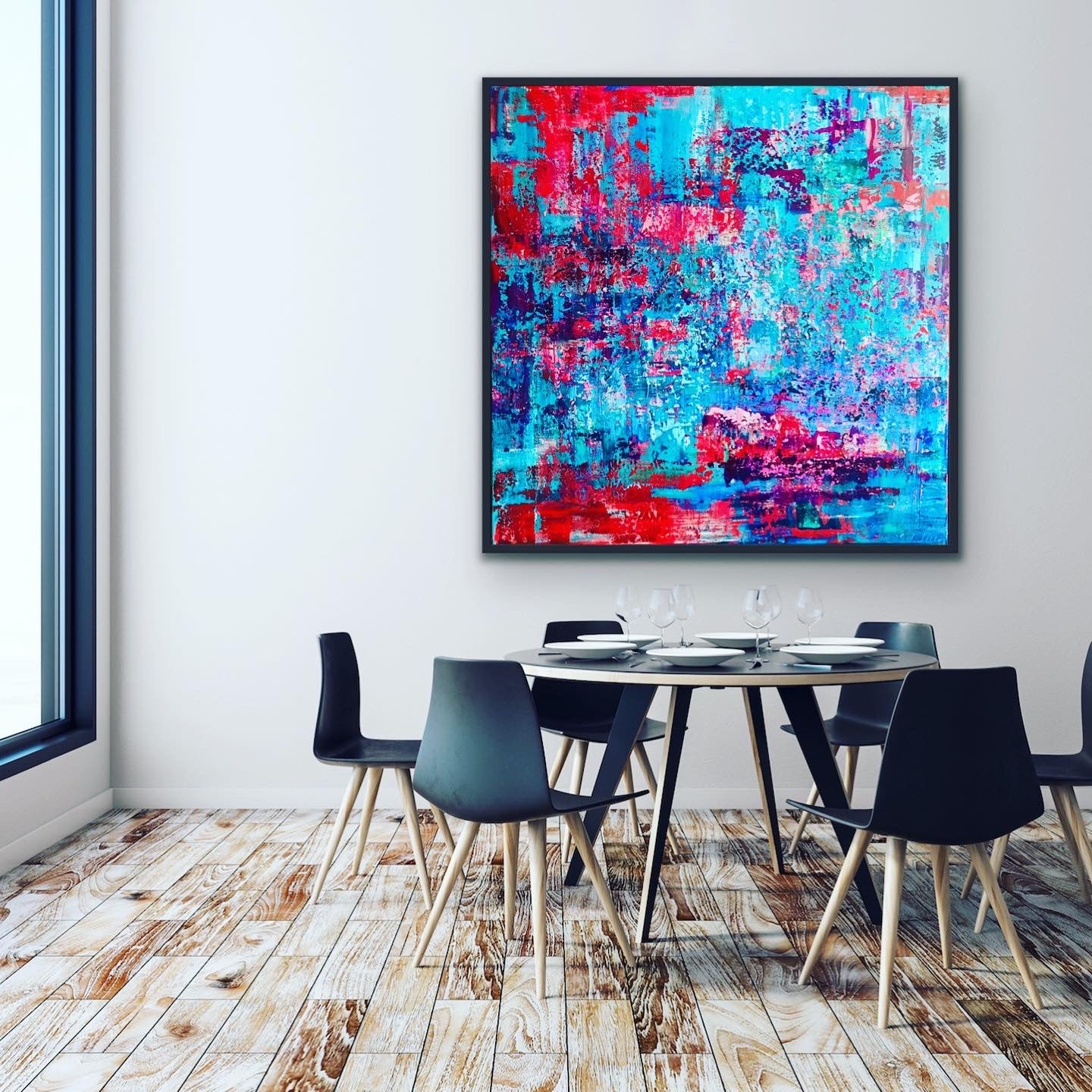 Turkusy i Czerwienie z cyklu „Struktury natury” , akryl na płótnie, 100 x 100 cm, 2021