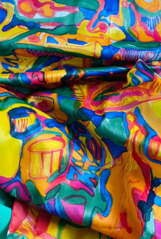 Instrumenty, barwny szal jedwabny, 150x30cm, 2023