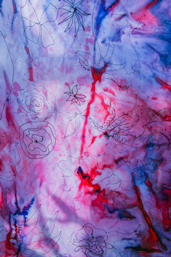 Róże i fiolety/ jedwabna malowana chusta/ 90 x 90 cm, 2021
