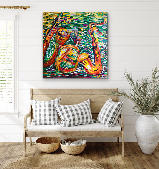 Saksofony, z cyklu „Instrumenty” akryl na płótnie, 80 x 80 cm, 2021