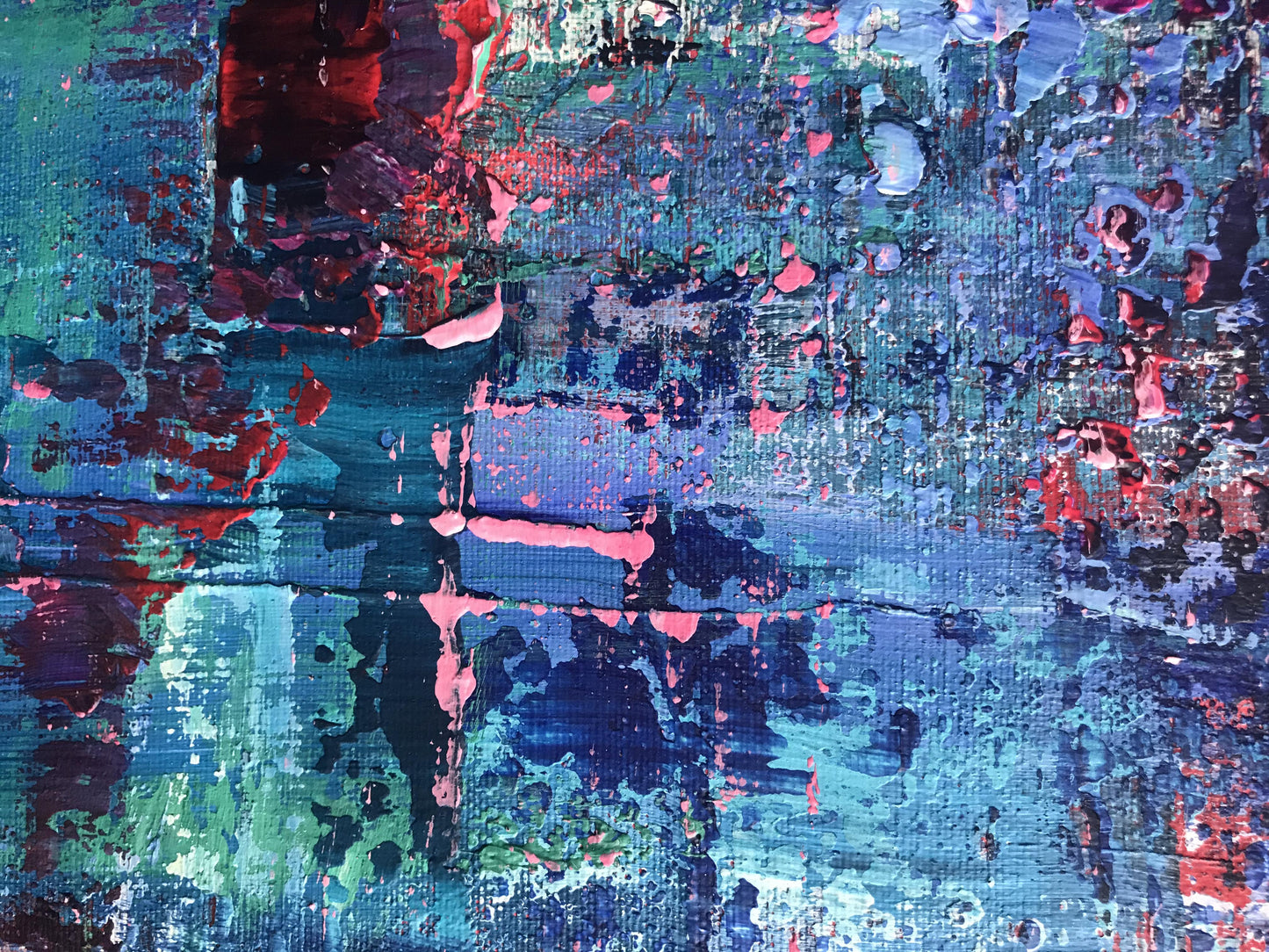 Turkusy i Czerwienie z cyklu „Struktury natury” , akryl na płótnie, 100 x 100 cm, 2021
